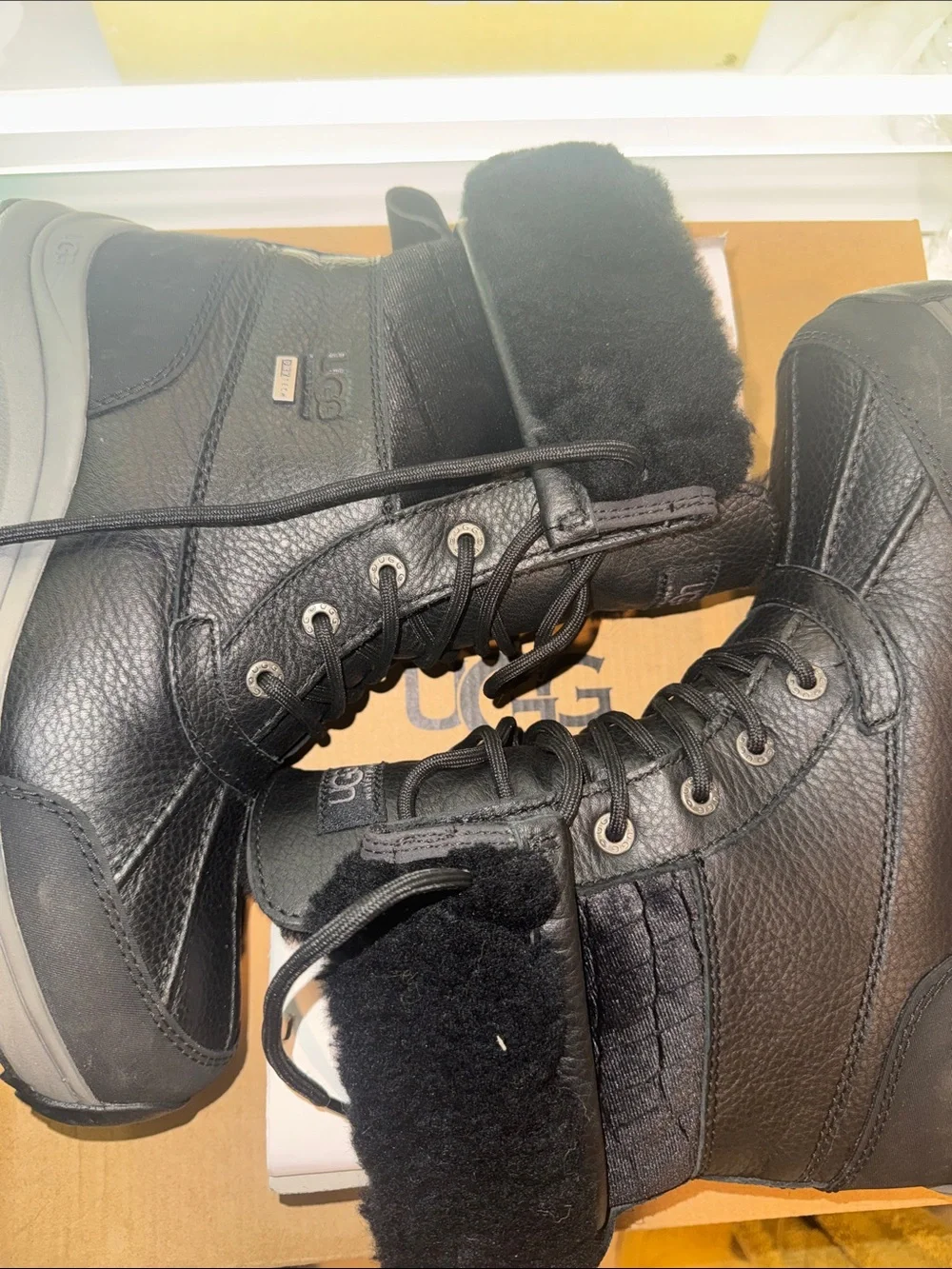 UGG Women's Black Lace-Up Shearling-Trim Winter Boots